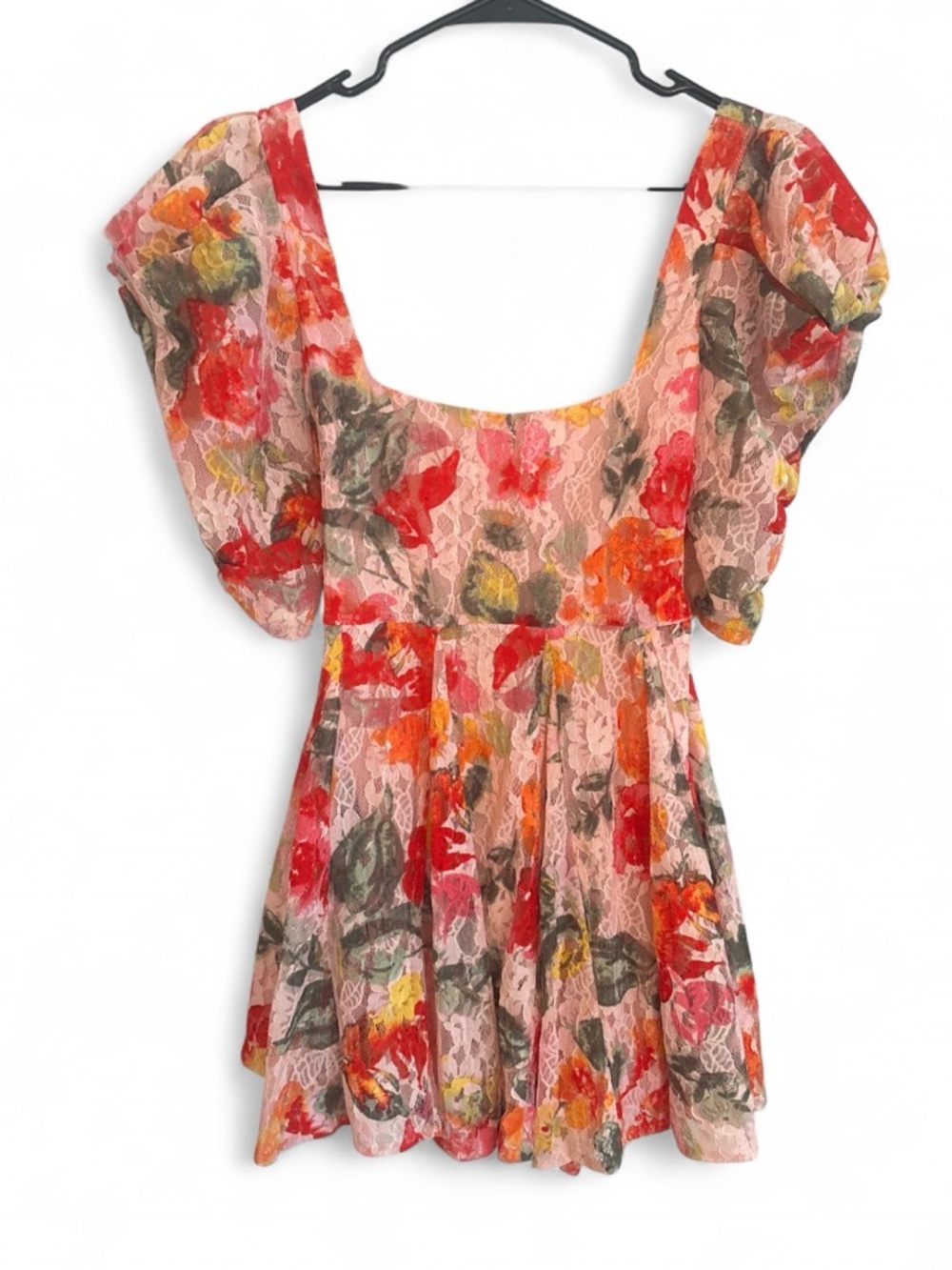 For Love & Lemons Dascha Dress Puff Sleeve Floral Lace Mini Size Small